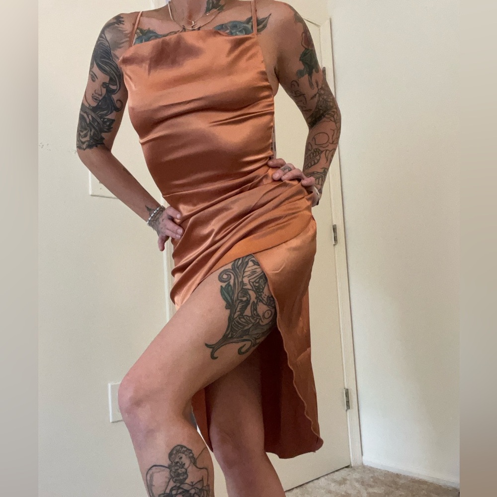 ZPITU satin draped spaghetti strap Small midi with sexy slit, rusty champagne - Picture 2 of 9